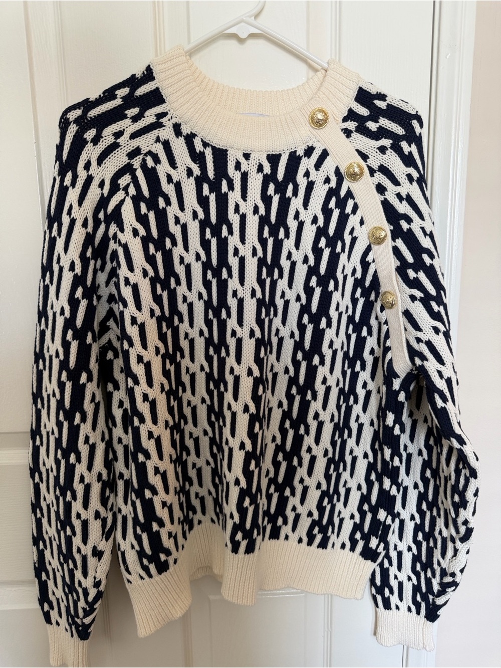 Derek Lam Navy and Cream Button-Shoulder Knit Sweater